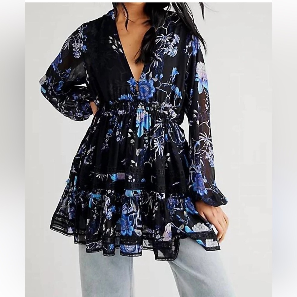 Free People Black and Blue Floral Mini Dress